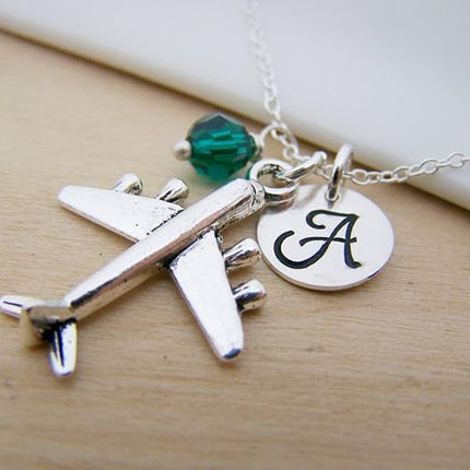 Airplane Charm Necklace – Personalized Initial & Birthstone – Travel Gift