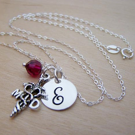 MD Necklace Personalized Initial Birthstone Necklace Doctor Gift Sterling Silver Medical Charm Necklace Graduation Gift for Doctor