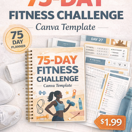 75-Day Fitness Challenge Canva Template - Editable Daily Planner