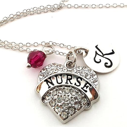 Sparkly Nurse Necklace with Birthstone Crystal & Initial Charm – Sterling Silver 18" Chain – Personalized Nurse Gift