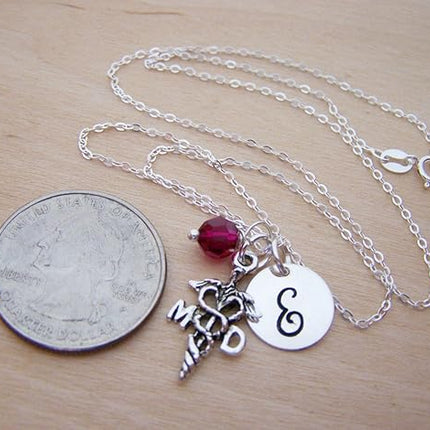 MD Necklace Personalized Initial Birthstone Necklace Doctor Gift Sterling Silver Medical Charm Necklace Graduation Gift for Doctor
