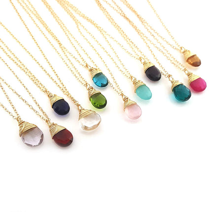 Classic Wire Wrapped Birthstone Briolette Necklace - Dainty Drop Necklace - Gold Necklace - Gemstone Briolette Necklace - Gift for Her