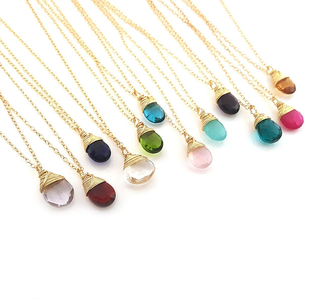 Classic Wire Wrapped Birthstone Briolette Necklace - Dainty Drop Necklace - Gold Necklace - Gemstone Briolette Necklace - Gift for Her