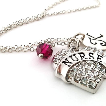 Sparkly Nurse Necklace with Birthstone Crystal & Initial Charm – Sterling Silver 18" Chain – Personalized Nurse Gift