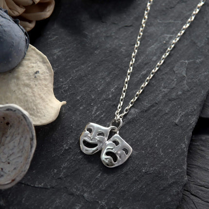 Tiny Comedy & Tragedy Mask Necklace – Sterling Silver on 18" Dainty Chain