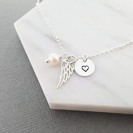 Angel Wing Necklace With Pearl & Heart Disc