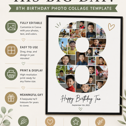 8th Birthday Photo Collage Canva Template – Editable Milestone Poster
