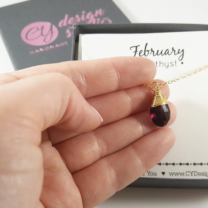 Amethyst Birthstone Necklace – February Gemstone Jewelry, 14k Gold Filled Briolette, Handmade Gift for Her