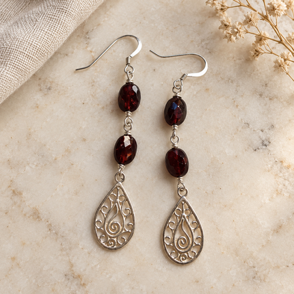 Crimson Scroll – Garnet Filigree Earrings