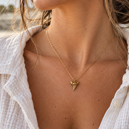 A person wears a gold chain necklace with a small, pointed shark tooth pendant featuring a gold metal cap.