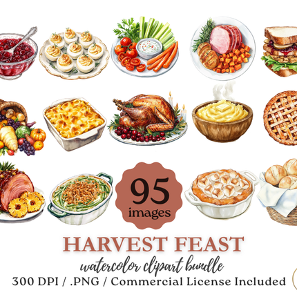Harvest Feast Watercolor Clipart Bundle – Thanksgiving Food Collection (95 Images, 300 DPI, Commercial License)