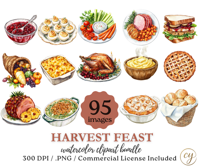 Harvest Feast Watercolor Clipart Bundle – Thanksgiving Food Collection (95 Images, 300 DPI, Commercial License)