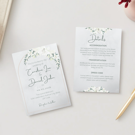 White Lily Wedding Invitation & Details Card Set – Editable Canva Template – Instant Download