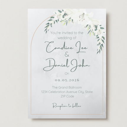 White Lily Wedding Invitation & Details Card Set – Editable Canva Template – Instant Download