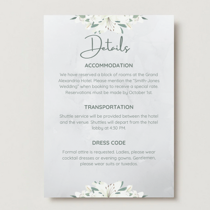 White Lily Wedding Invitation & Details Card Set – Editable Canva Template – Instant Download