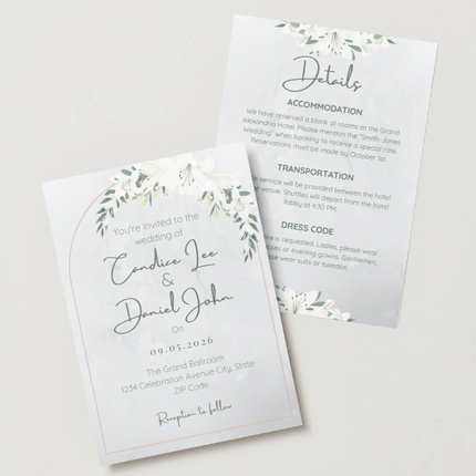 White Lily Wedding Invitation & Details Card Set – Editable Canva Template – Instant Download