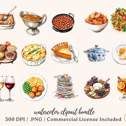 Harvest Feast Watercolor Clipart Bundle – Thanksgiving Food Collection (95 Images, 300 DPI, Commercial License)
