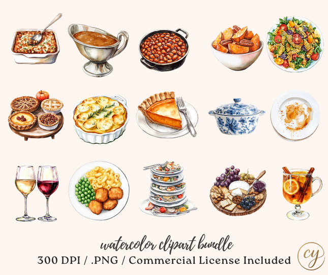 Harvest Feast Watercolor Clipart Bundle – Thanksgiving Food Collection (95 Images, 300 DPI, Commercial License)
