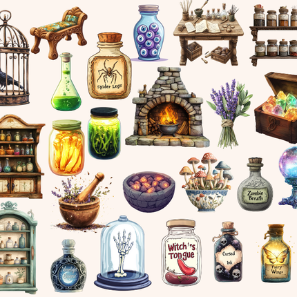 Enchanted Apothecary Watercolor Clipart Bundle – 166 PNGs, 300 DPI, Commercial License