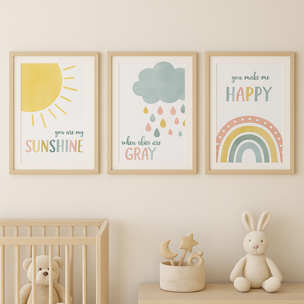 You Are My Sunshine Watercolor Nursery Wall Art Set – 3 Printable A4 Print