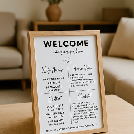 Airbnb & Vrbo Welcome Sign Canva Template – Editable House Rules + WiFi Info