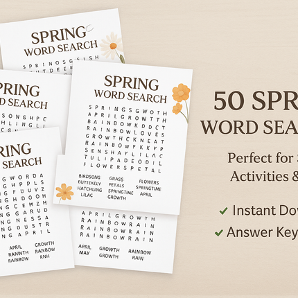 50 Spring Word Search Puzzles with Answers – Instant Download