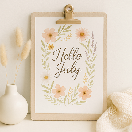 Hello July – Free Watercolor Floral Wall Art Printable