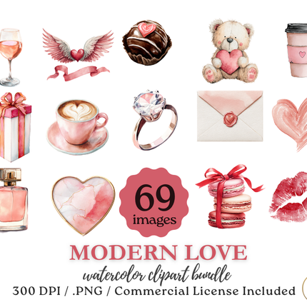 Modern Love Valentine’s Clip Art Bundle – 69 Watercolor PNGs