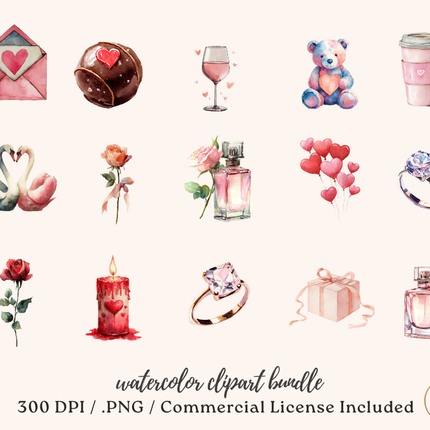 Modern Love Valentine’s Clip Art Bundle – 69 Watercolor PNGs
