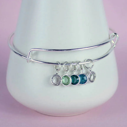 Family Name Birthstone Bangle – Adjustable Stainless Steel with Initial & Swarovski Drops