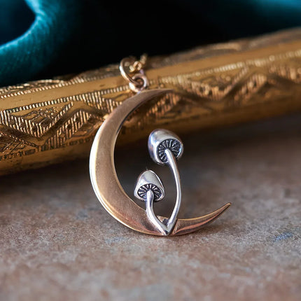 Forager Mushroom Moon Necklace – Sterling Silver & Bronze Pendant, 18" Gold Filled Chain, Handmade in Raleigh