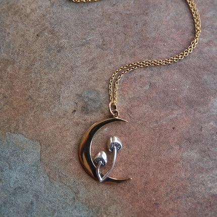 Forager Mushroom Moon Necklace – Sterling Silver & Bronze Pendant, 18" Gold Filled Chain, Handmade in Raleigh