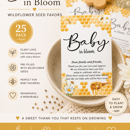 Baby in Bloom Bee Wildflower Seed Favors 25 Pack, Honeycomb Baby Shower Favors