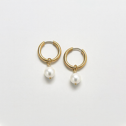 Gold Huggie Hoops with Freshwater Pearls – Handcrafted Bronze Hoops, Sterling Earwires, 14mm