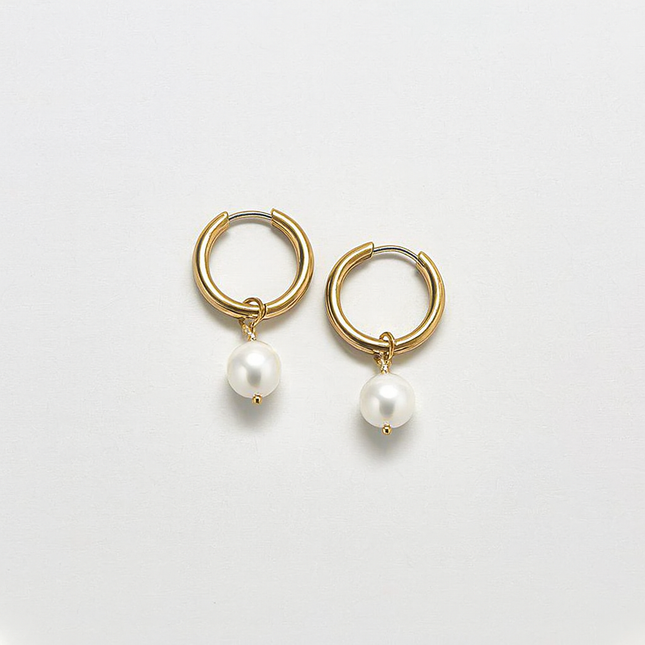 Gold Huggie Hoops with Freshwater Pearls – Handcrafted Bronze Hoops, Sterling Earwires, 14mm