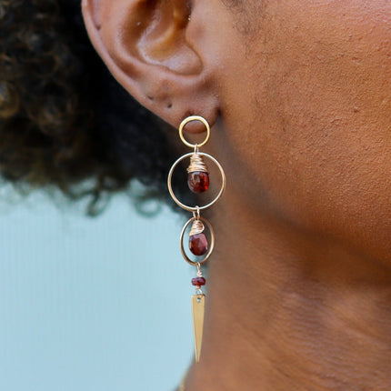 Garnet and 14k Rose Gold Filled Spike Earrings – Wire Wrapped Statement Earrings