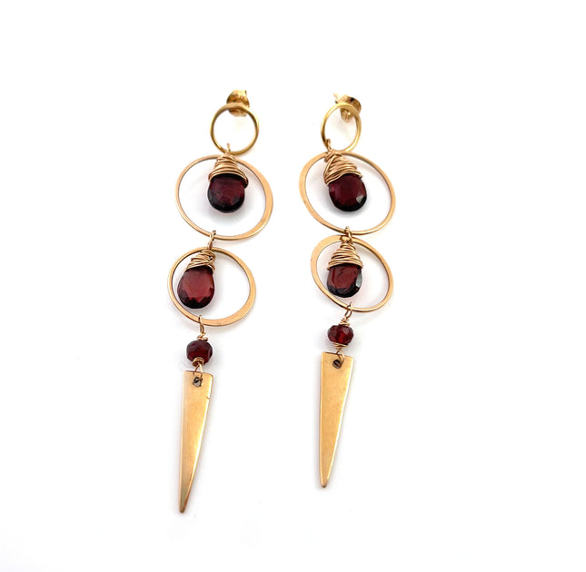 Garnet and 14k Rose Gold Filled Spike Earrings – Wire Wrapped Statement Earrings