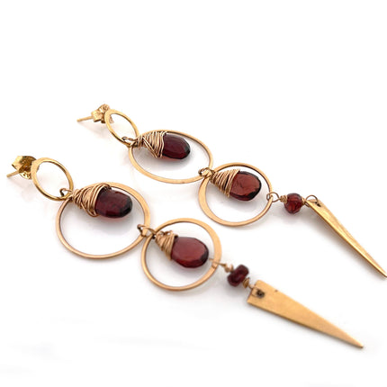 Garnet and 14k Rose Gold Filled Spike Earrings – Wire Wrapped Statement Earrings