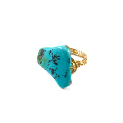 Chunky Turquoise Statement Ring – Brass Wire Wrapped, Size 6