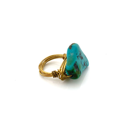 Chunky Turquoise Statement Ring – Brass Wire Wrapped, Size 6