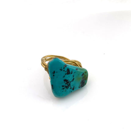 Chunky Turquoise Statement Ring – Brass Wire Wrapped, Size 6