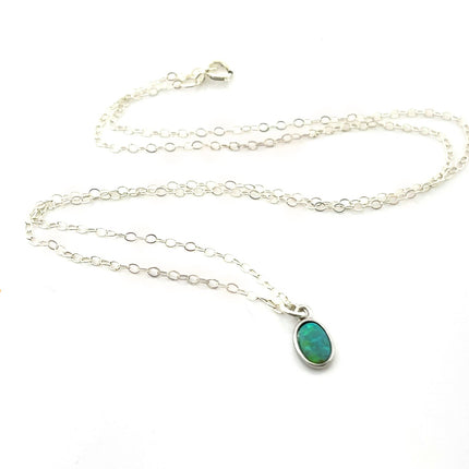 Tiny Opal Necklace – Dainty 16" Sterling Silver Chain with Oval Charm