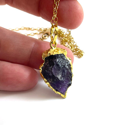 Amethyst Arrowhead Necklace – Gold Edged Crystal on 20" Gold Filled Chain