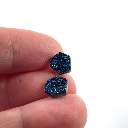 Natural Druzy Hexagon Stud Earrings – Sterling Silver Posts, 9–10mm