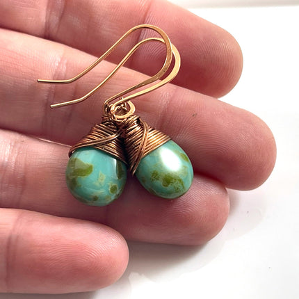 Handmade Copper Wire Wrapped Turquoise Earrings – 1.5" Czech Glass Briolettes