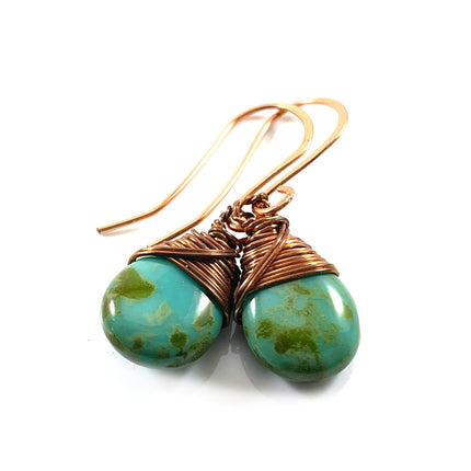 Handmade Copper Wire Wrapped Turquoise Earrings – 1.5" Czech Glass Briolettes