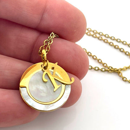 Vintage Mother of Pearl K Initial Necklace – Gold Pendant on 18" Chain