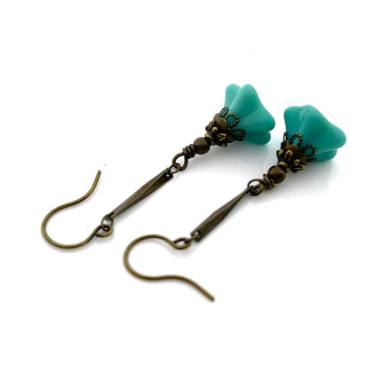 Czech Glass Turquoise Flower Earrings – Brass Dangle Earrings, 1.75"