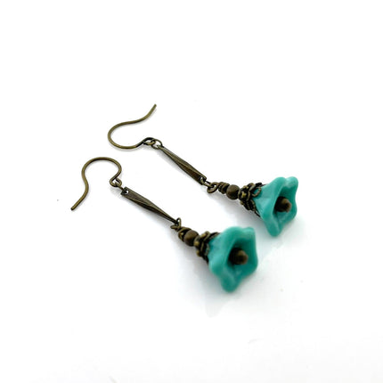 Czech Glass Turquoise Flower Earrings – Brass Dangle Earrings, 1.75"