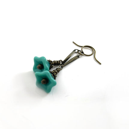 Czech Glass Turquoise Flower Earrings – Brass Dangle Earrings, 1.75"